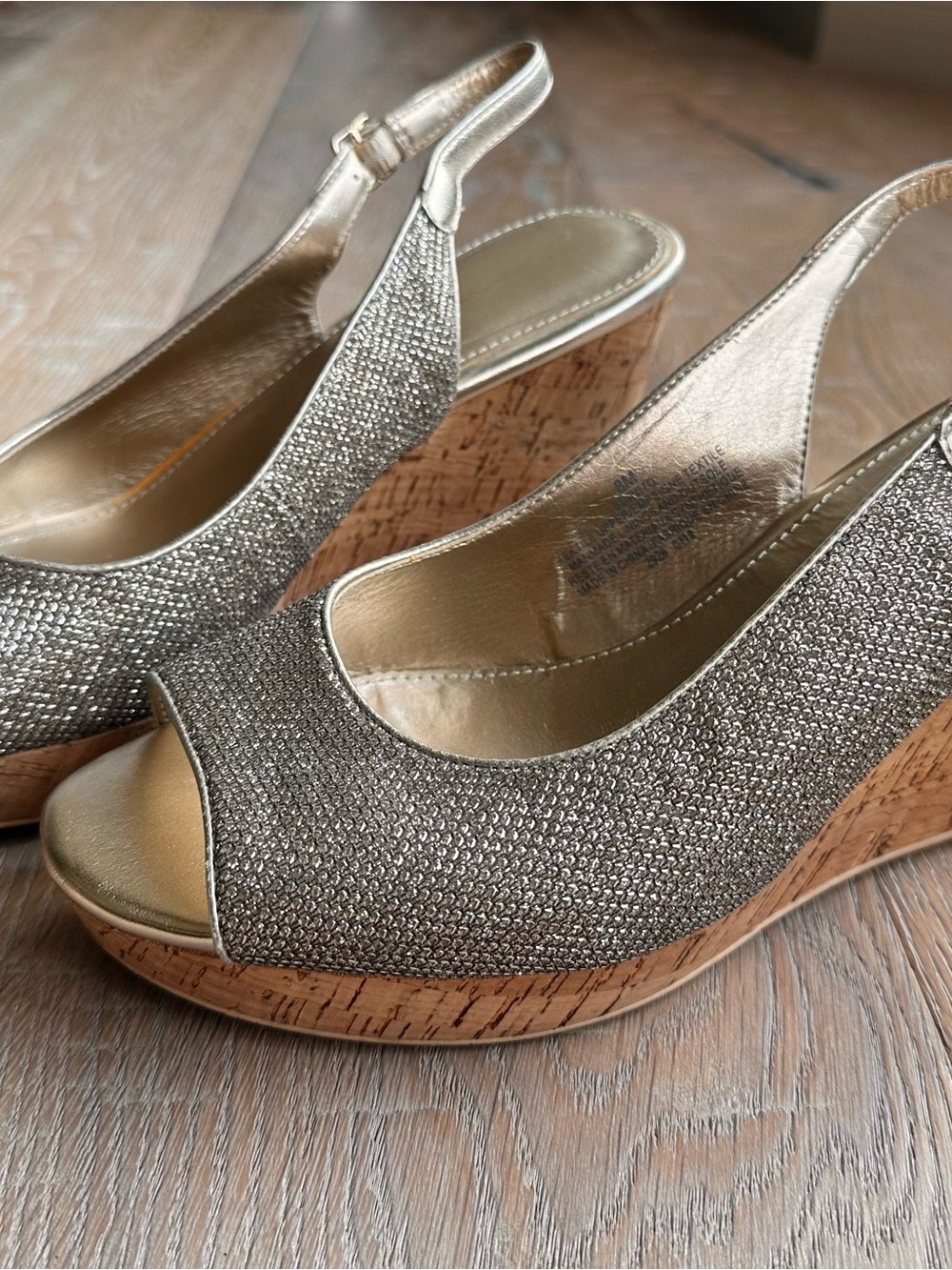 Bandolino Metallic Pewter Gold Peep-Toe Cork Wedge Sandals